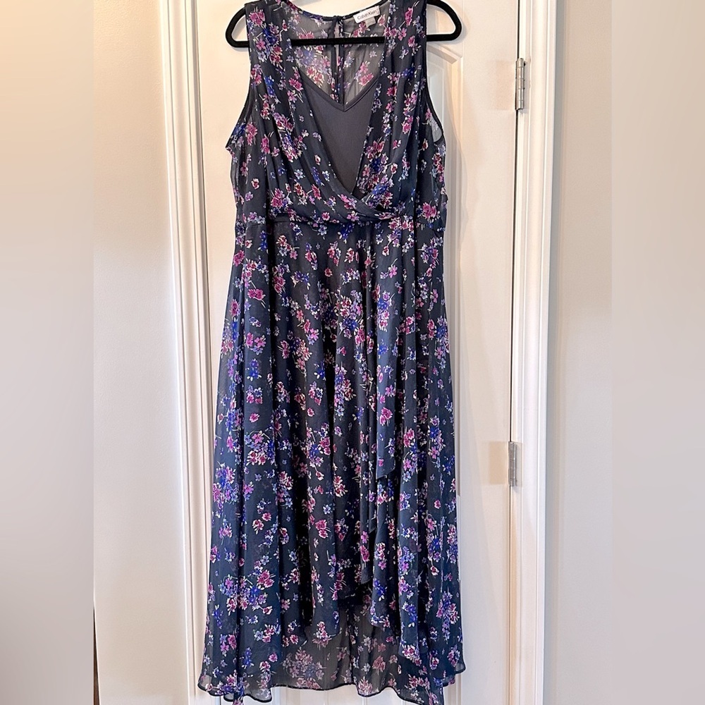 Calvin Klein Blue and Purple Floral Chiffon Maxi High Low Dress Size 18W